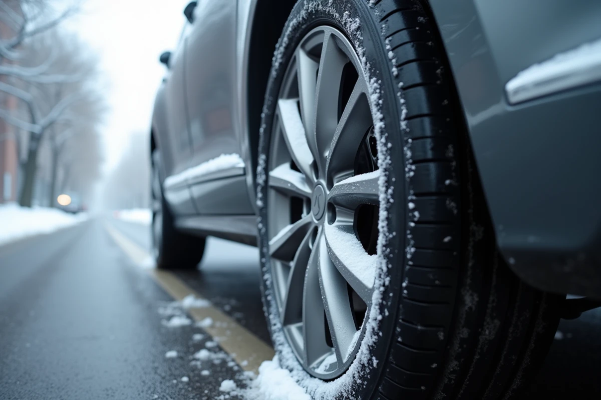 Gros plan sur une jante en aluminium peinte avec des dépôts de sel de déneigement visibles sur les rayons en hiver