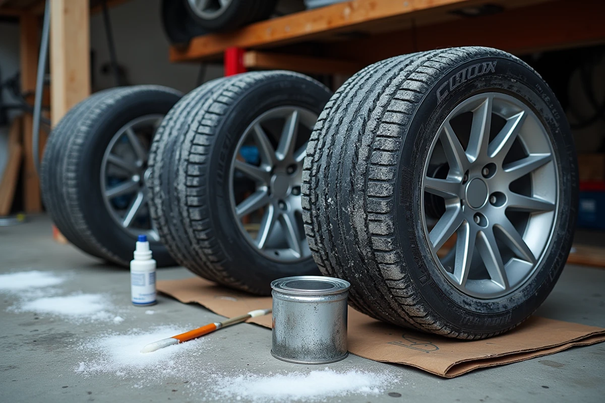 Jantes corrodées par le sel posées au sol dans un garage avec du matériel de peinture aluminium pour la rénovation hivernale