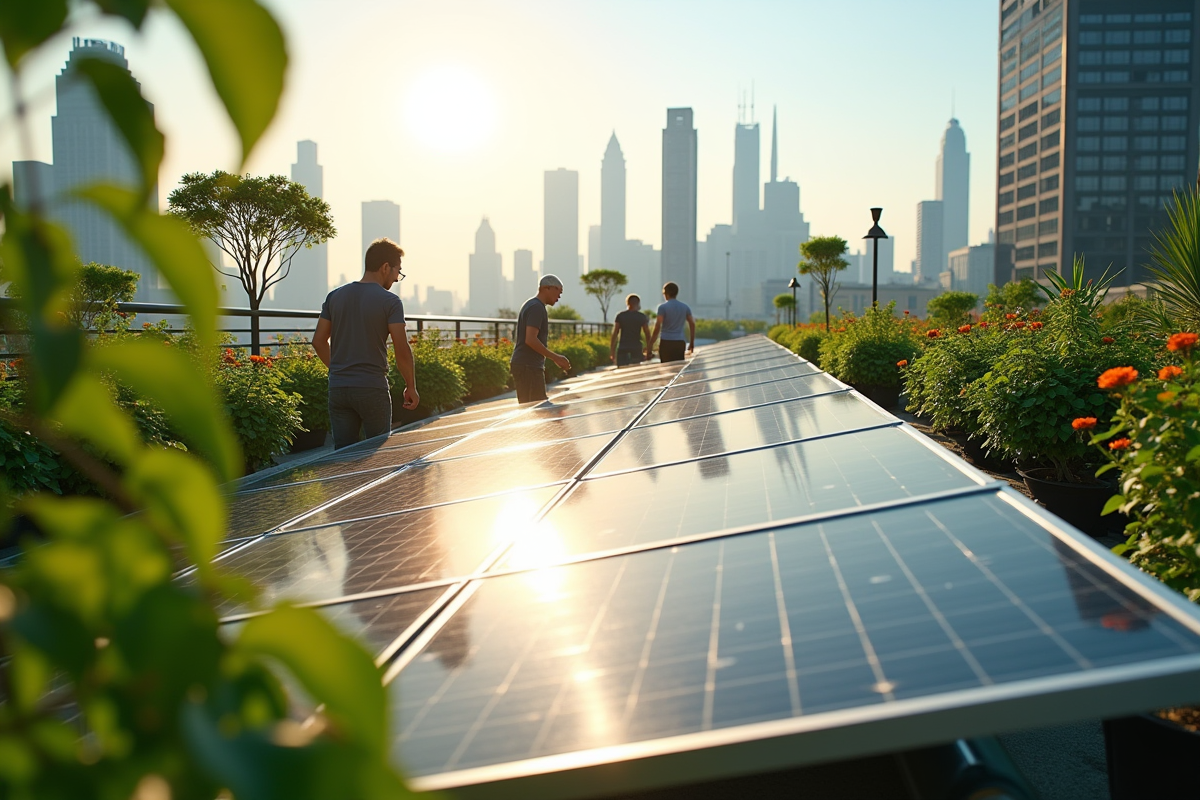 Jardin urbain avec panneaux solaires et verdure