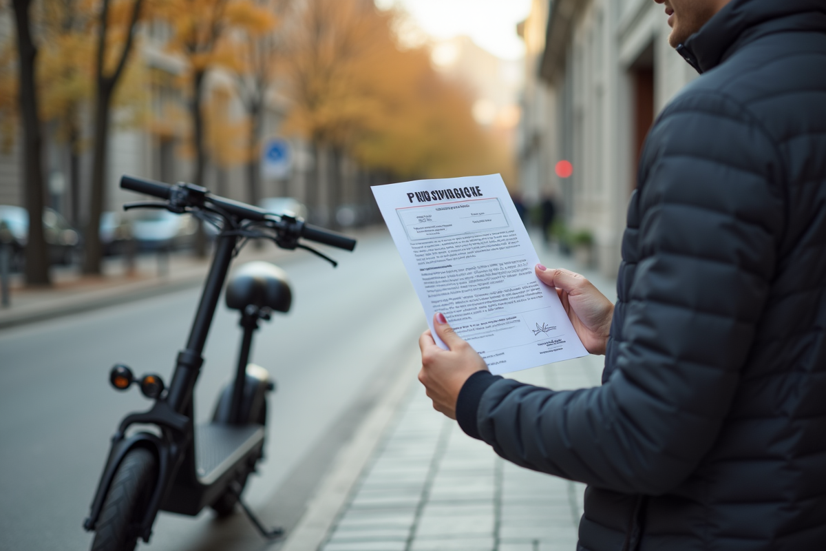 Jeune adulte tenant un certificat d'assurance scooter électrique en ville