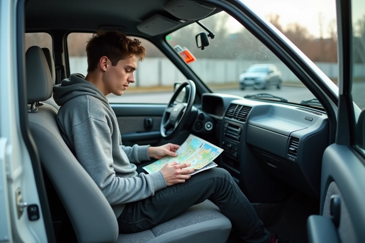 Jeune conducteur dans sa première voiture consultant une carte routière avec des équipements de sécurité à bord