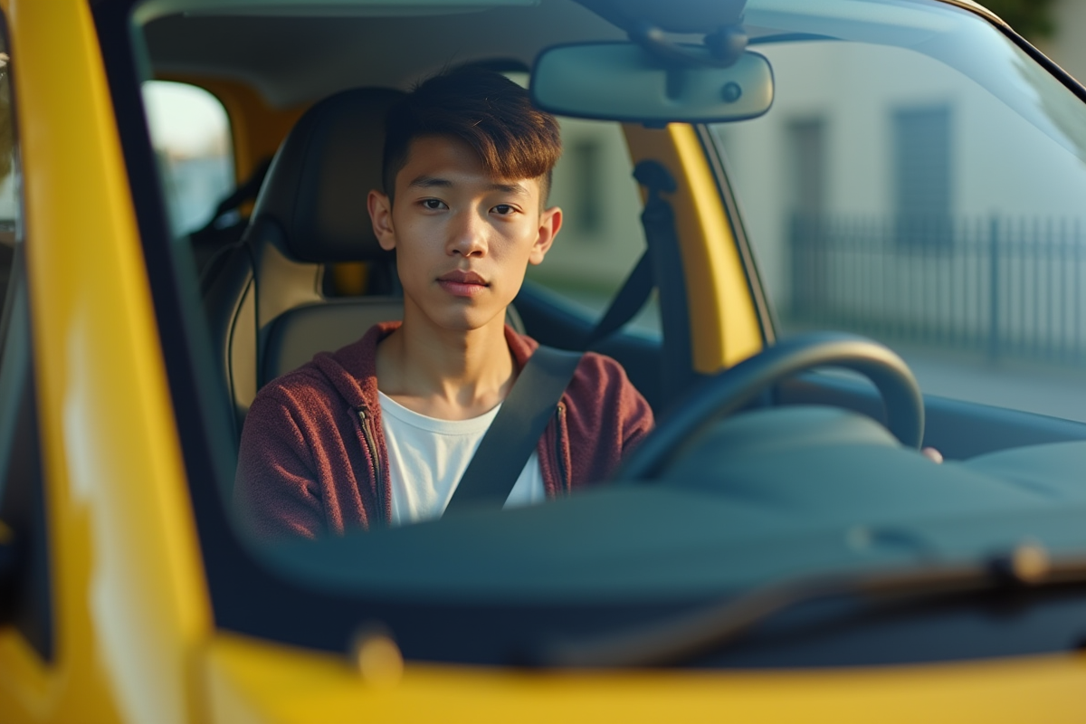 Jeune adulte au volant d'une microcar en ville en journée