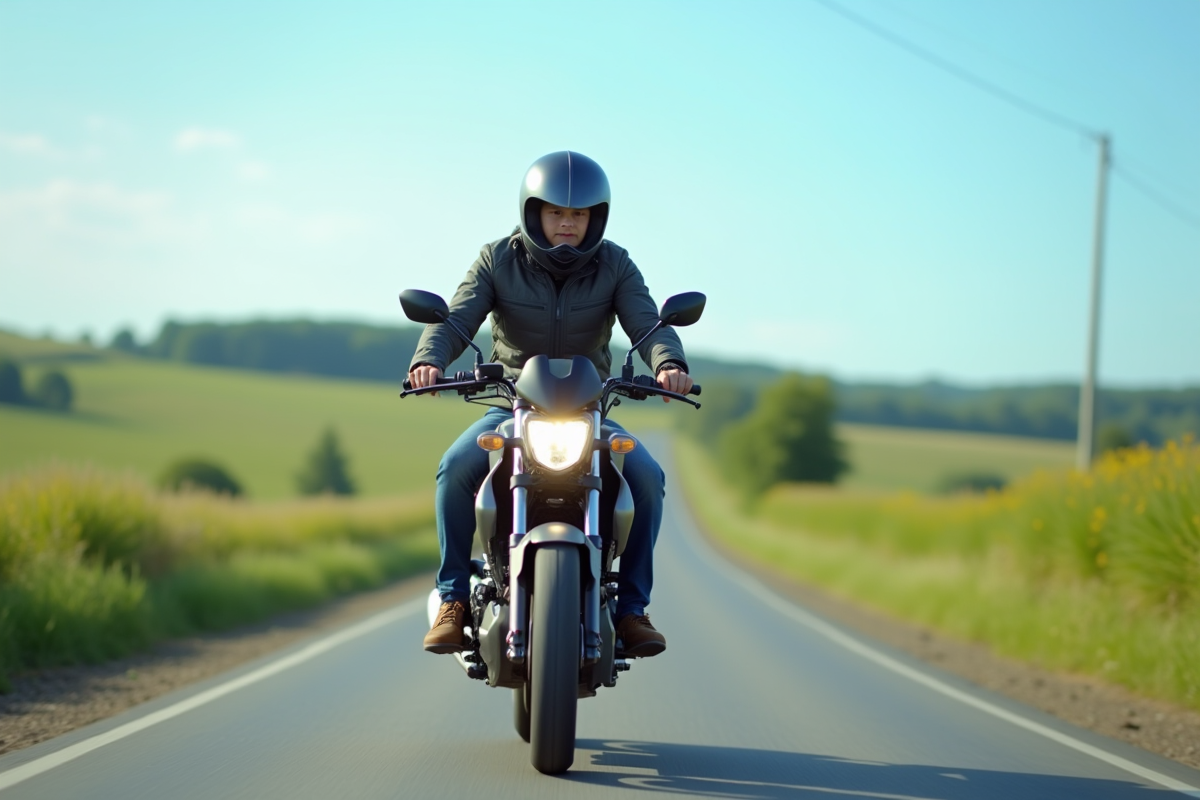 Jeune adulte roulant en moto 125cc en campagne ensoleillée