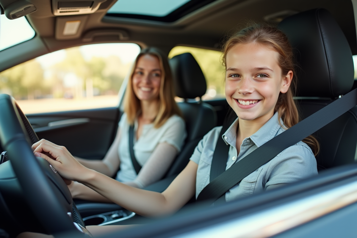 Jeune conducteur et parent souriants dans une voiture moderne