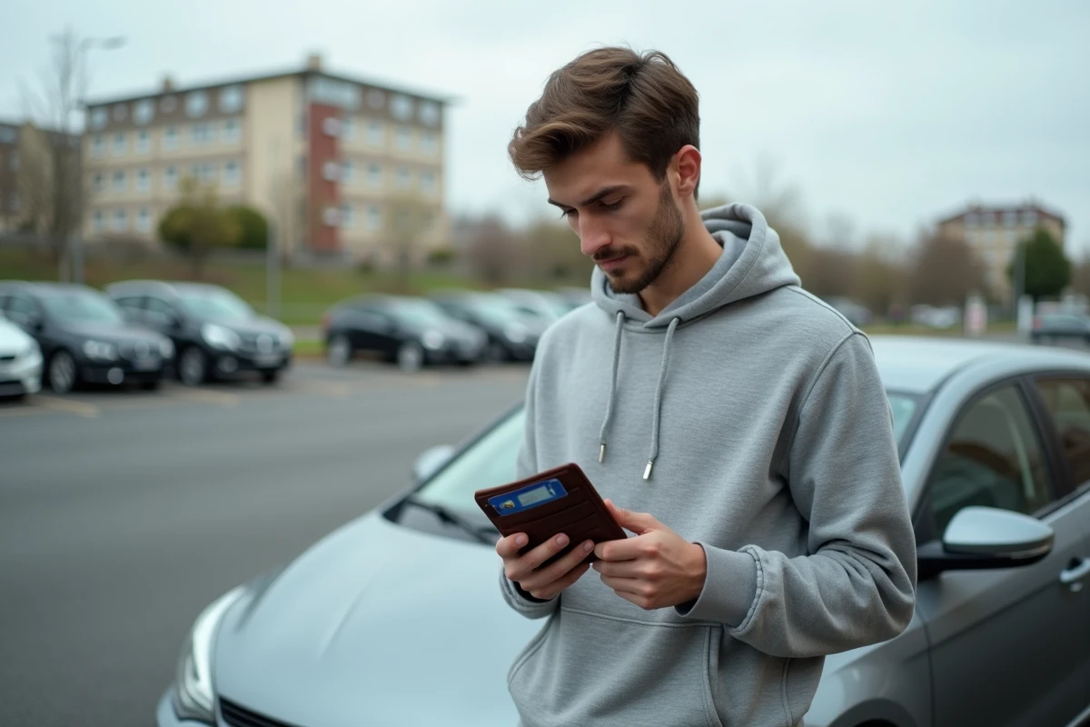 Jeune homme consultant son permis de conduire probatoire devant sa voiture dans un parking