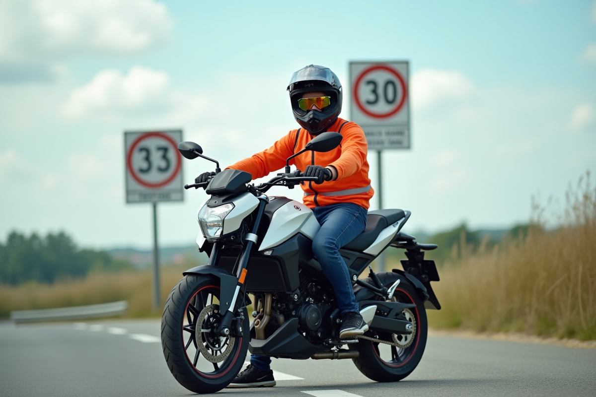 Jeune adulte confiant avec équipement de sécurité sur une moto 125cc