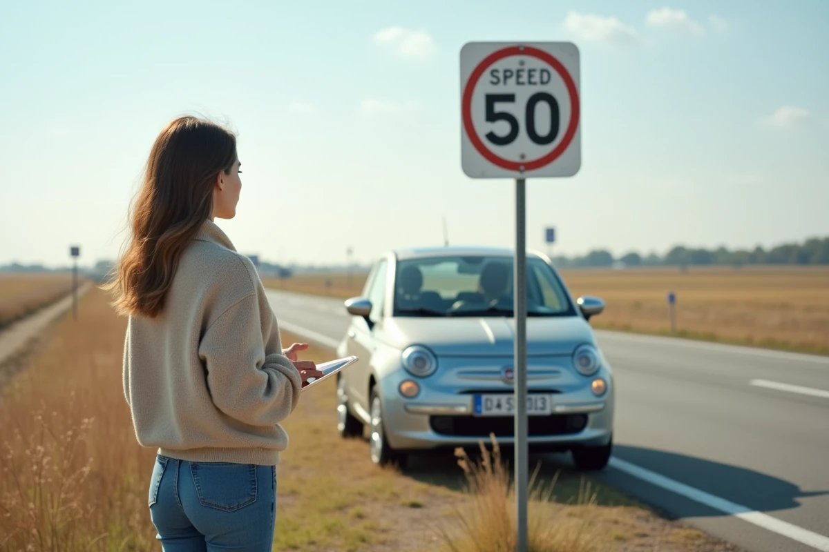 Jeune femme vérifiant un panneau de vitesse à la aire de repos