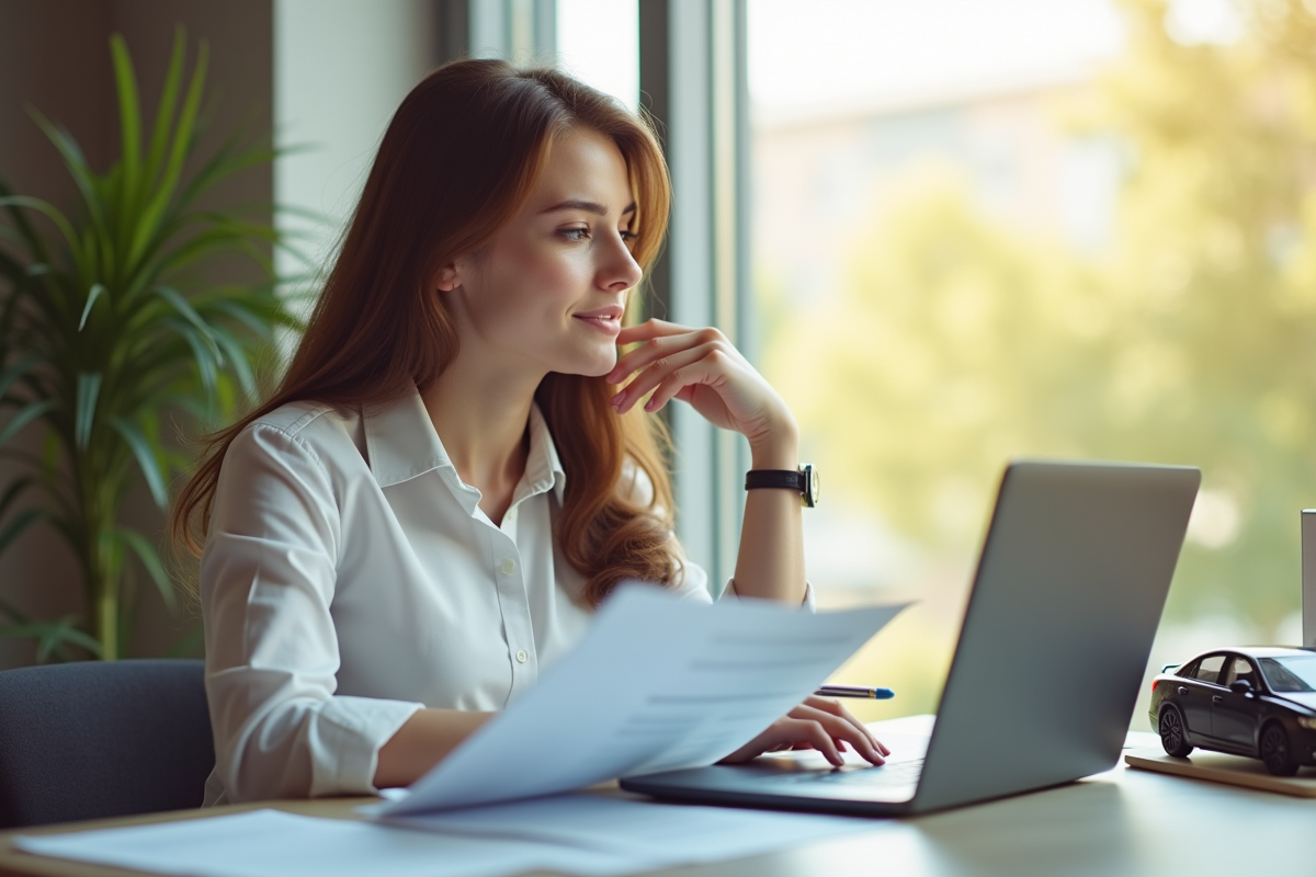 Jeune femme professionnelle examinant documents d'assurance voiture