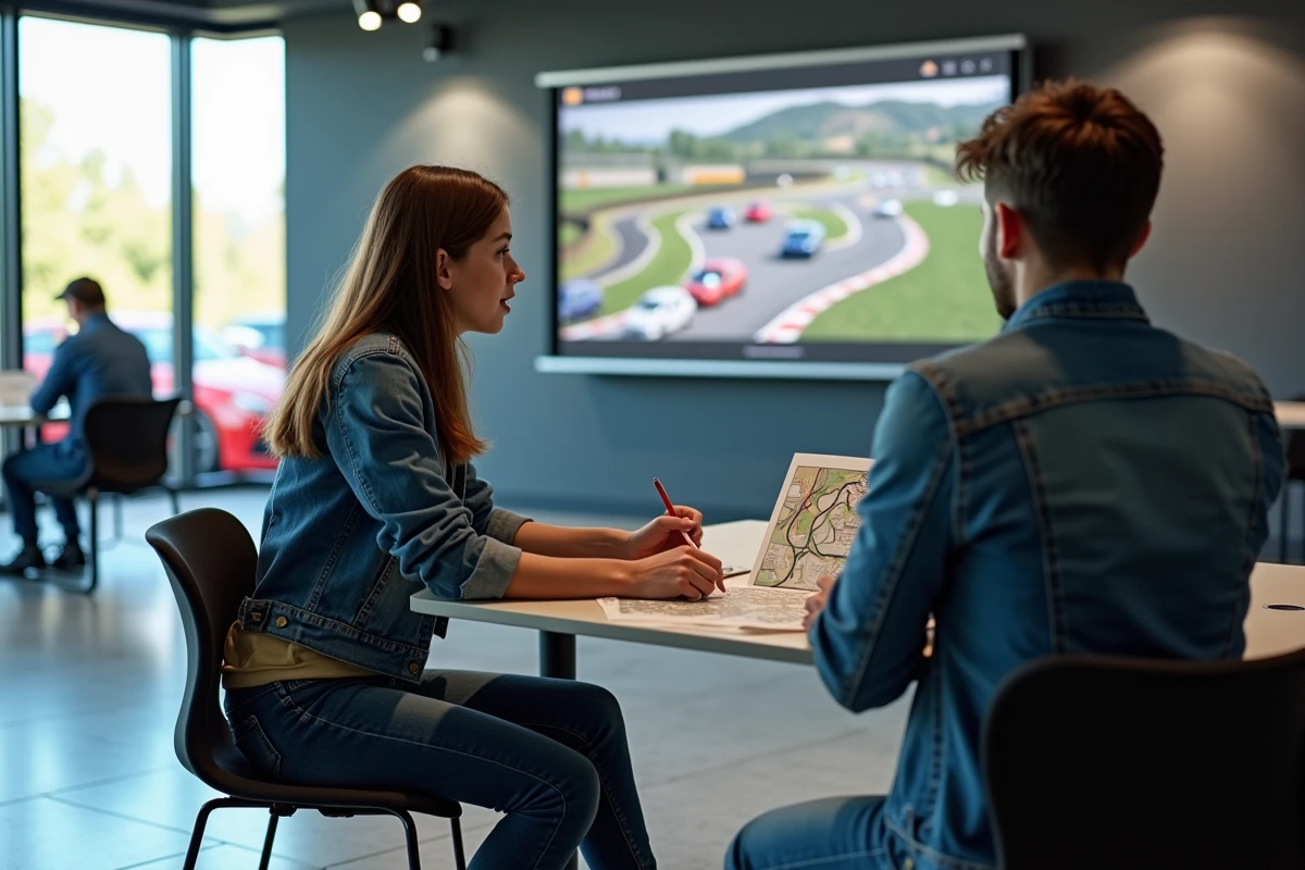 Jeune femme en classe de pilotage regardant un plan de circuit