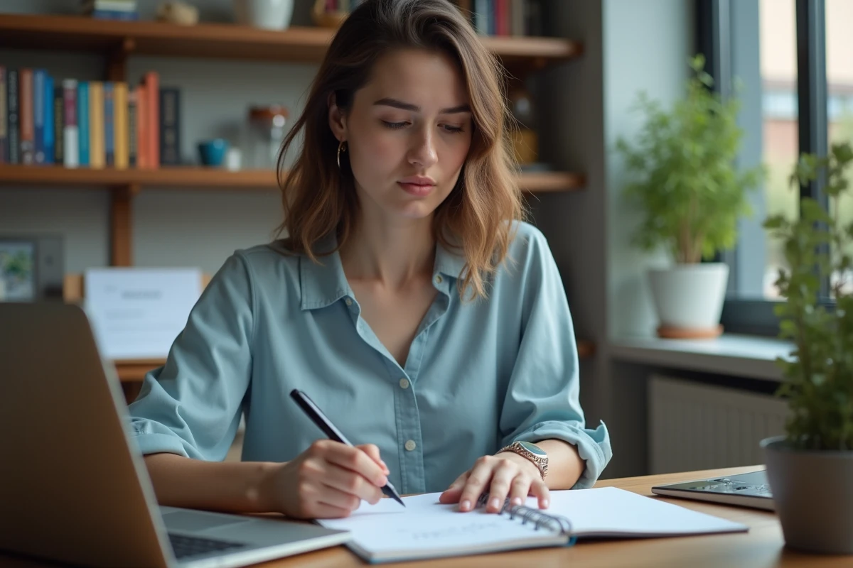 Jeune femme consultant le site Permisexpert.fr sur un ordinateur portable pour financer son permis de conduire à moindre coût