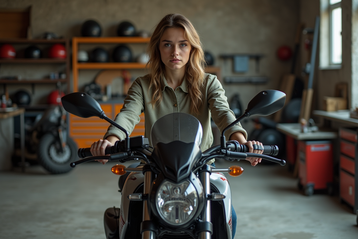 Jeune femme dans un garage regardant sa moto sportive