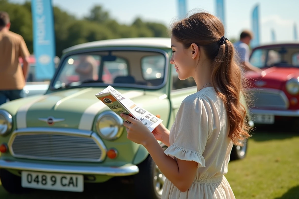 Jeune femme souriante &agrave; c&ocirc;t&eacute; d une Mini Moke lors d un salon auto
