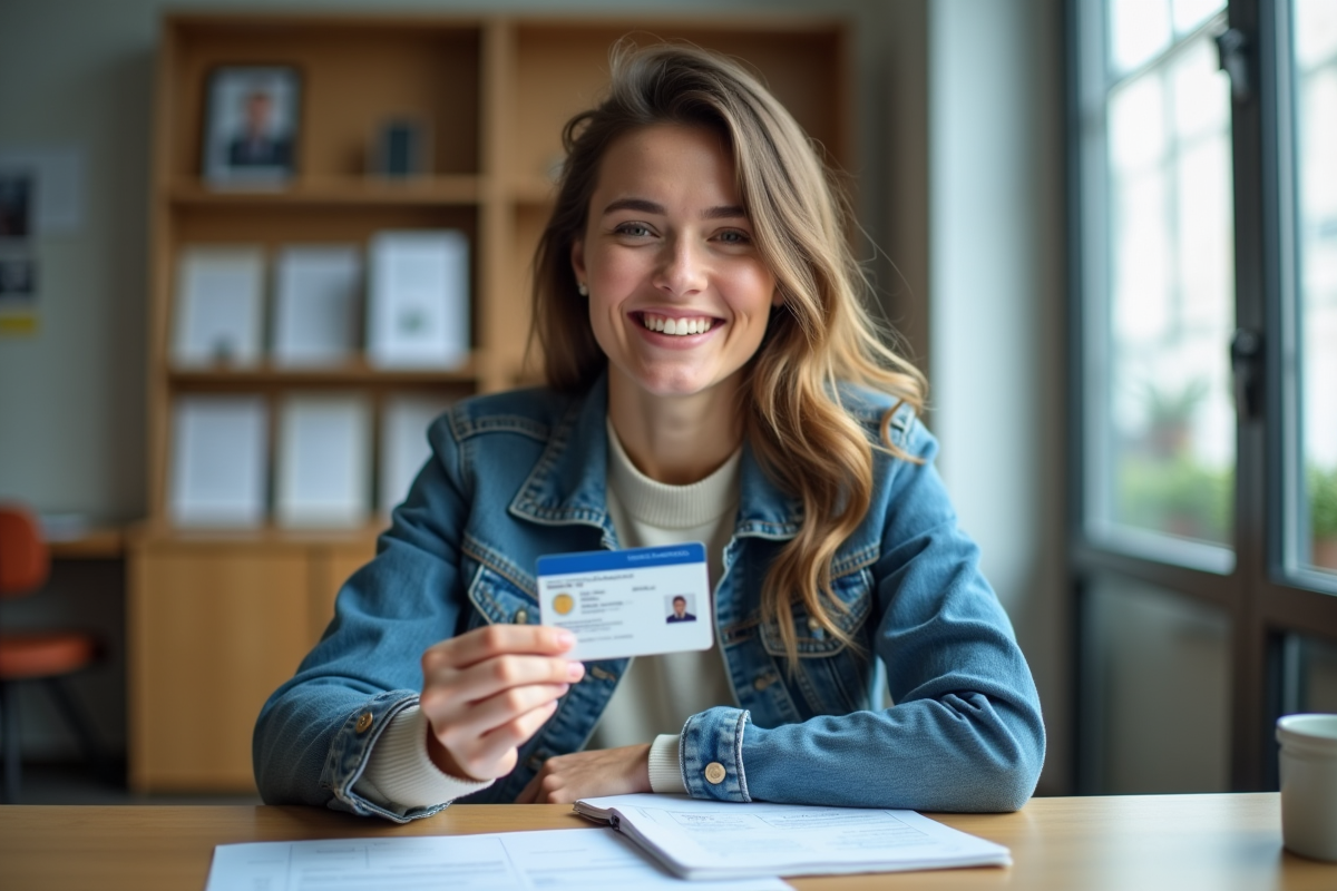 Femme souriante avec permis de conduire européen en main