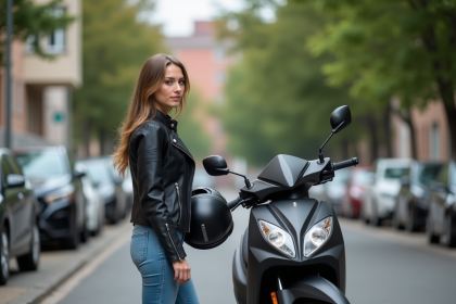 Jeune femme avec casque et scooter en ville