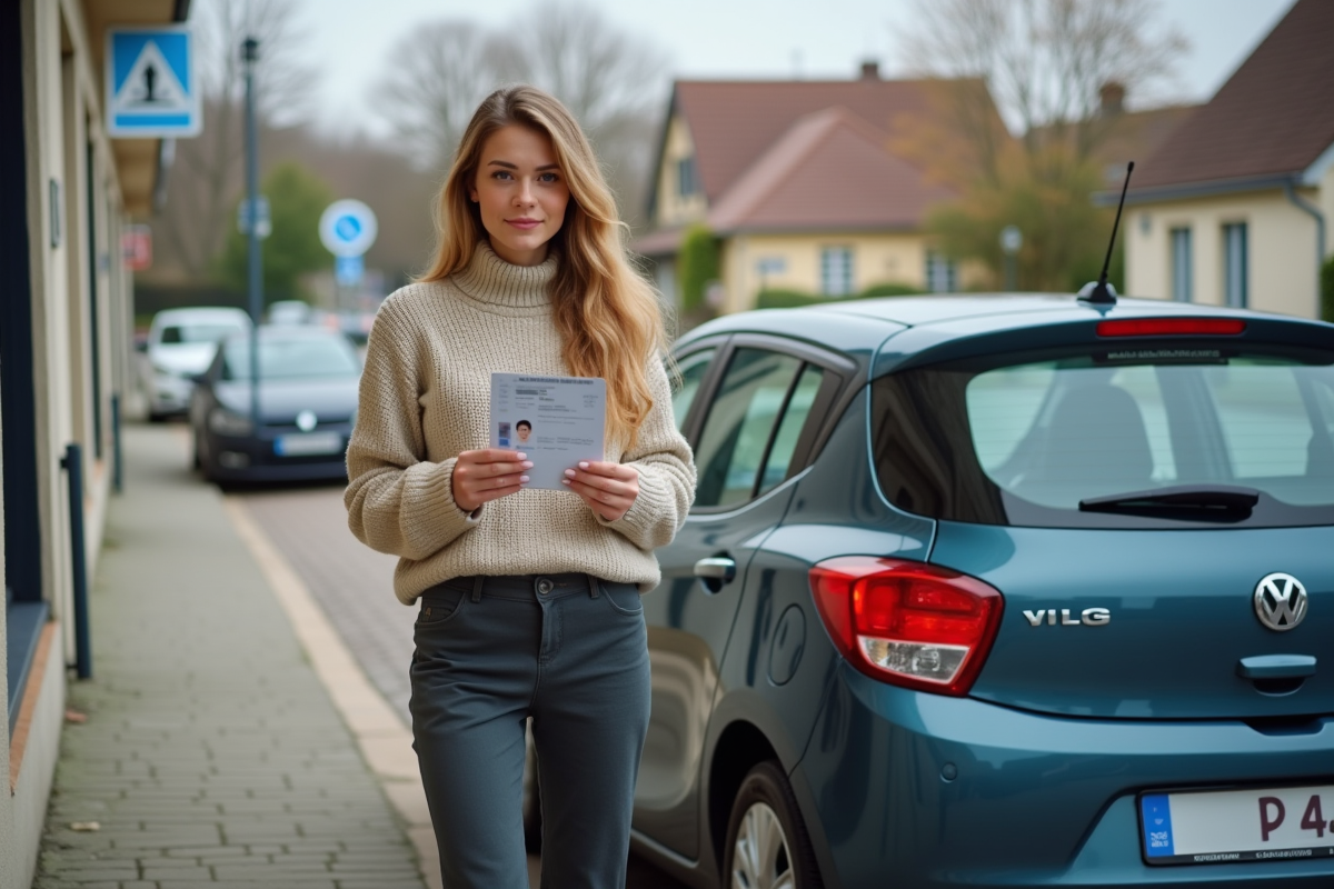 Jeune femme avec permis de conduire devant un bâtiment administratif