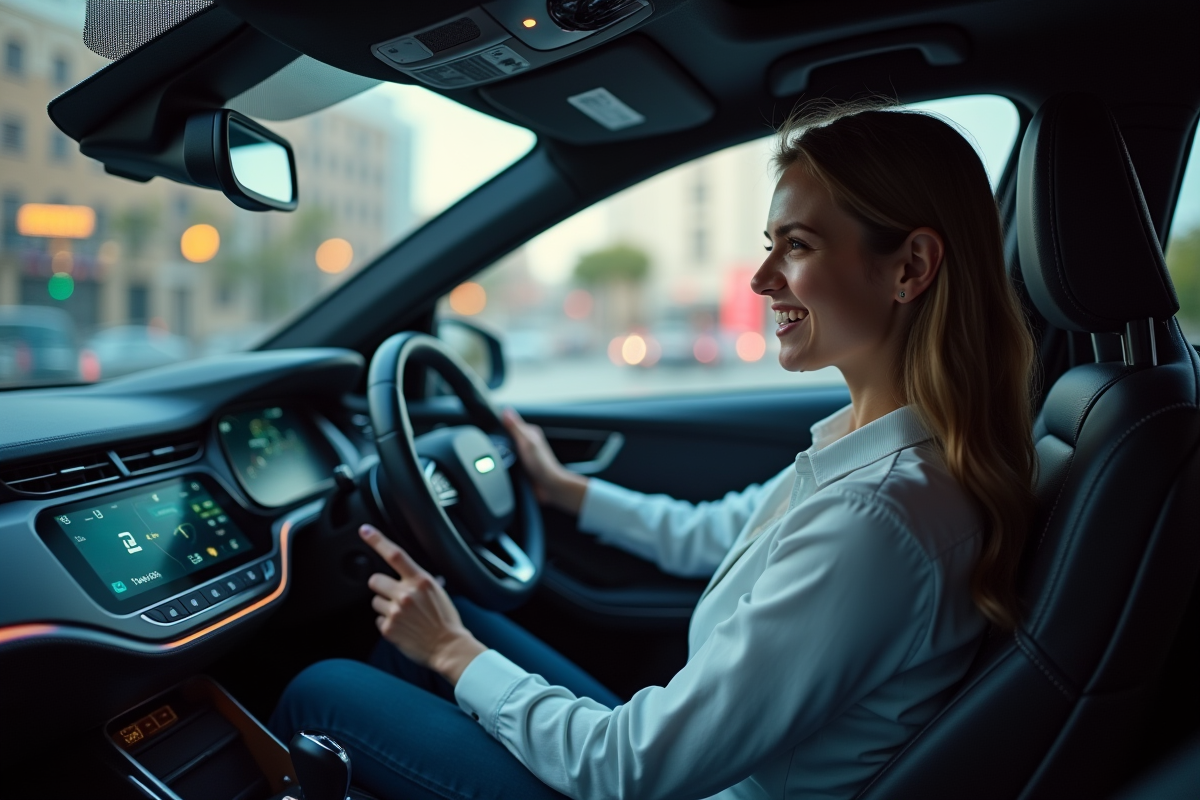 Jeune femme souriante dans une voiture moderne et connectée