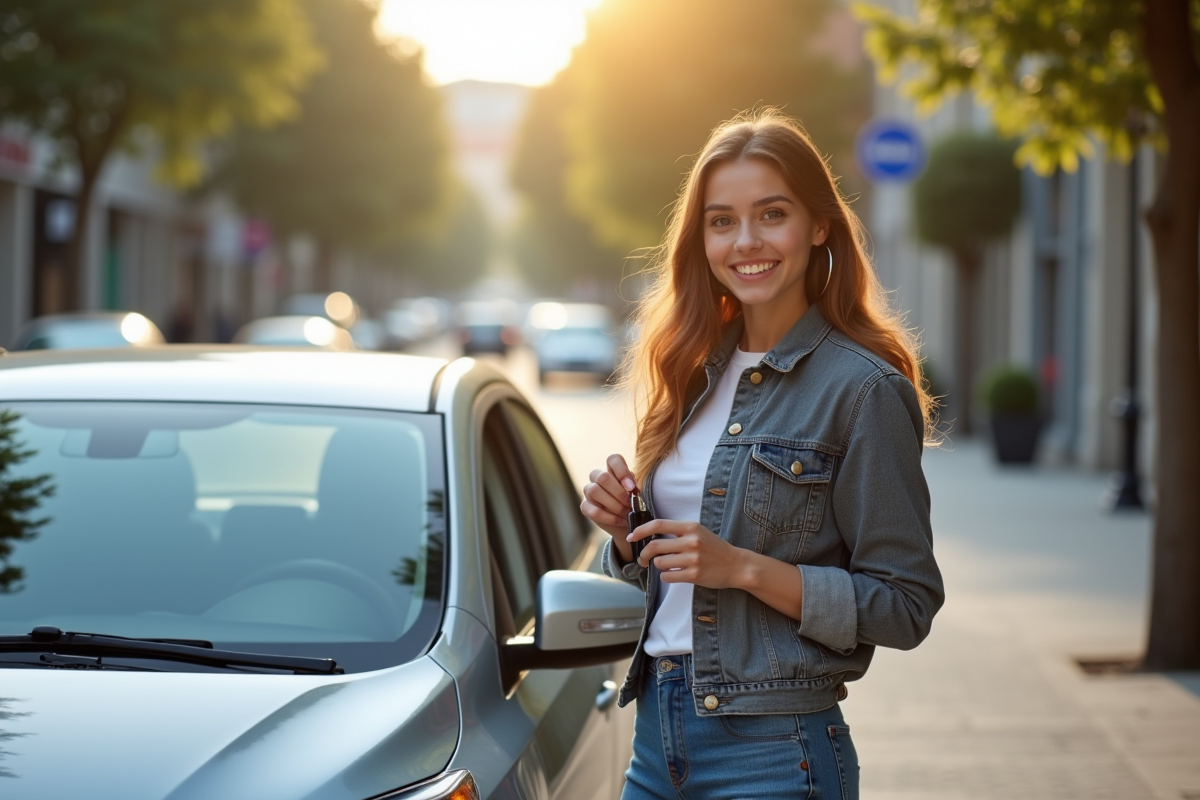 Jeune femme souriante avec voiture en ville