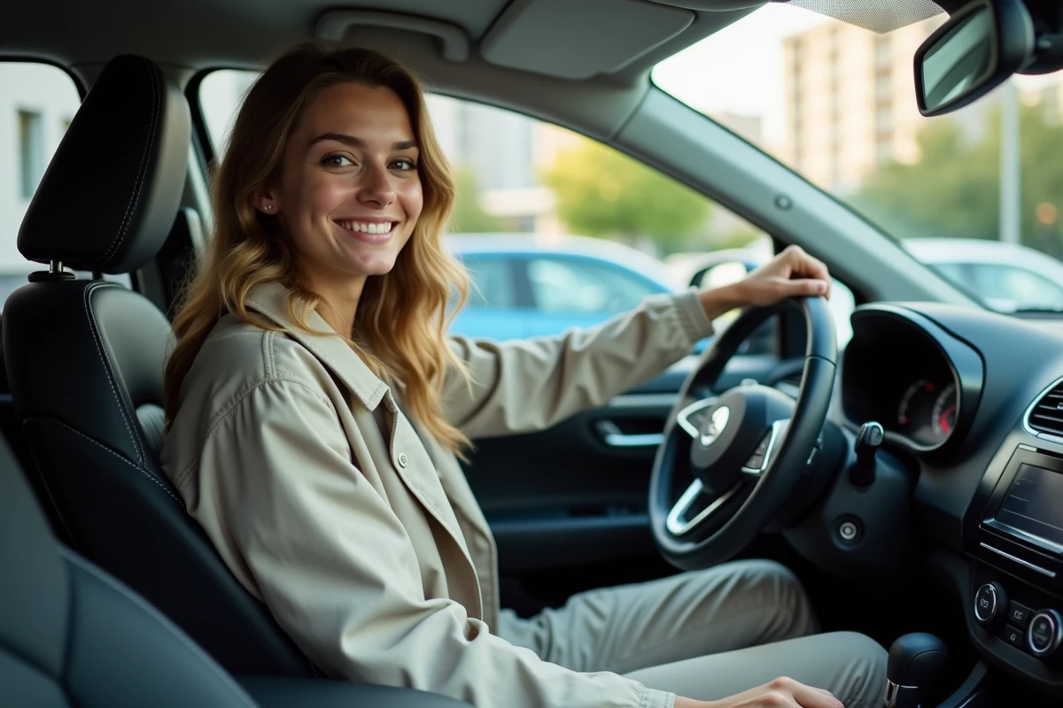 Jeune femme souriante dans sa voiture en ville