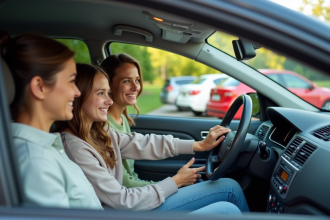 Jeune fille dans la voiture avec une femme souriante