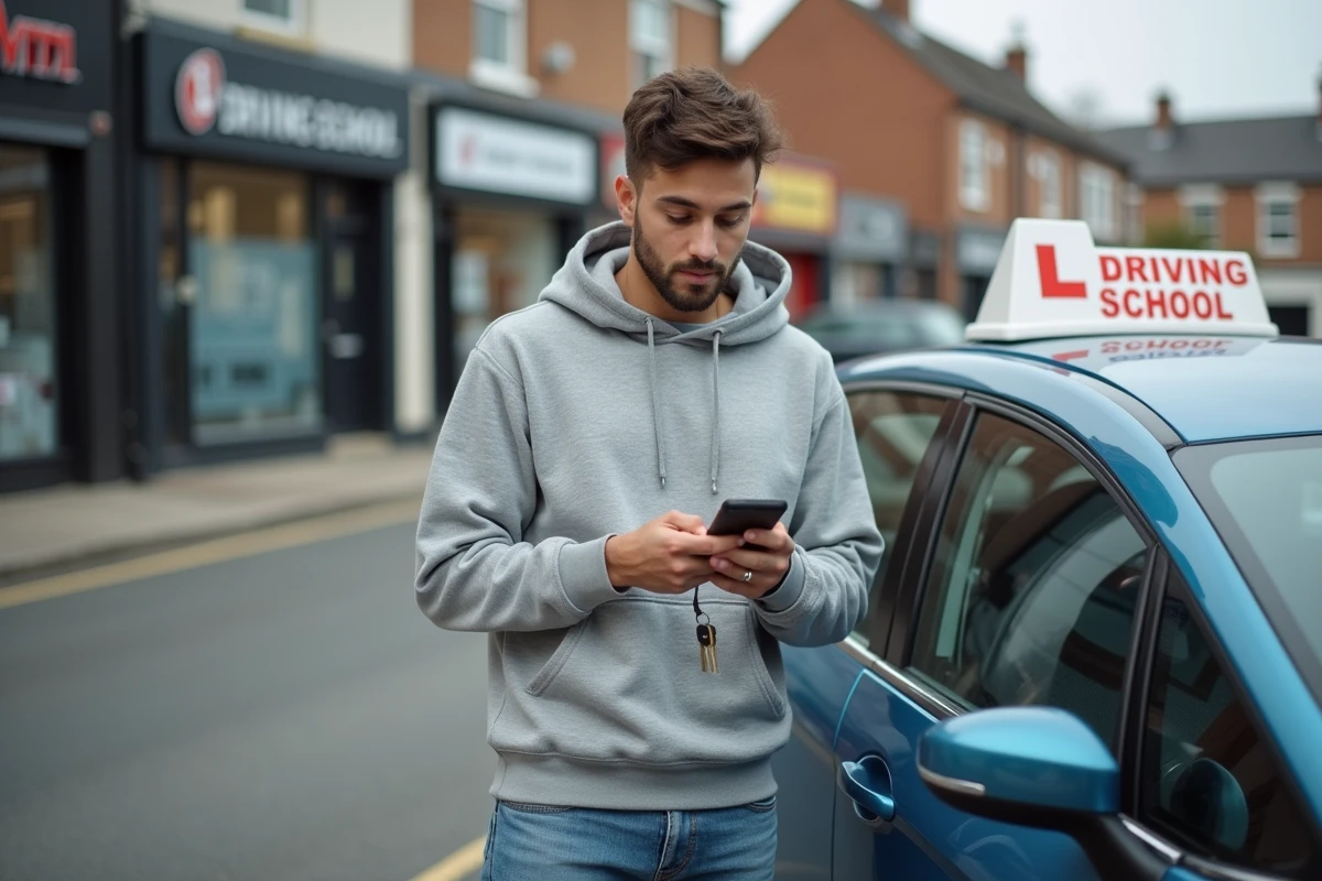 Jeune homme devant une voiture d'auto-école consultant une application pour réduire le coût de son permis de conduire