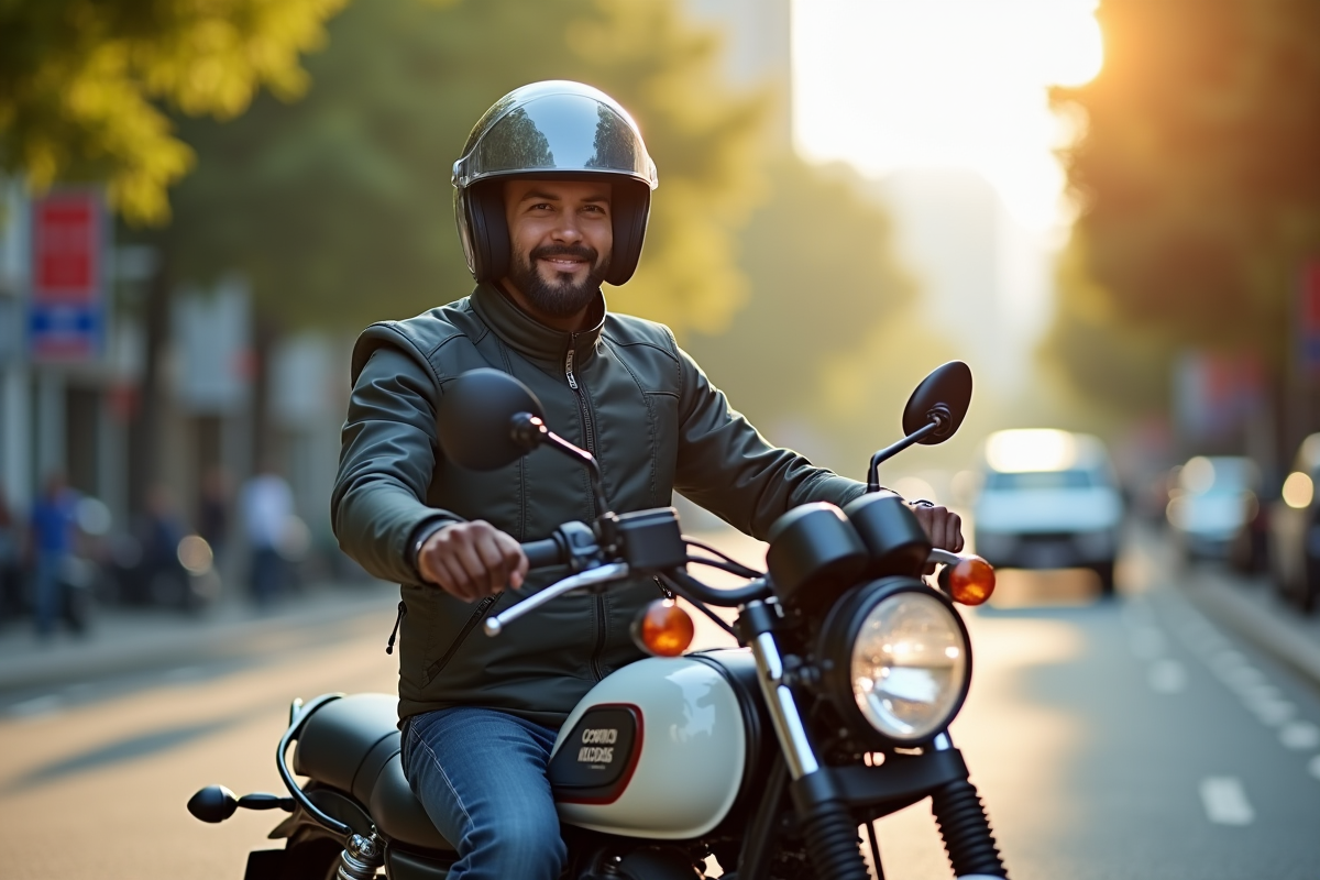 Jeune homme avec casque et veste protectrice sur une moto 350cc en ville