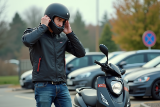 Jeune homme en moto et scooter en extérieur