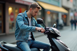 Jeune homme examine une moto 125cc en ville