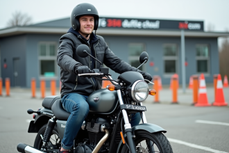 Jeune homme en moto dans un parking d'auto école