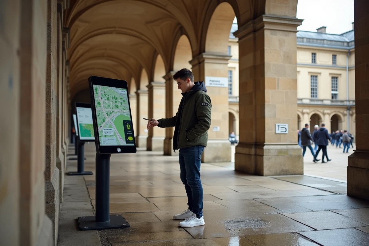 Jeune homme utilisant une carte interactive à Versailles