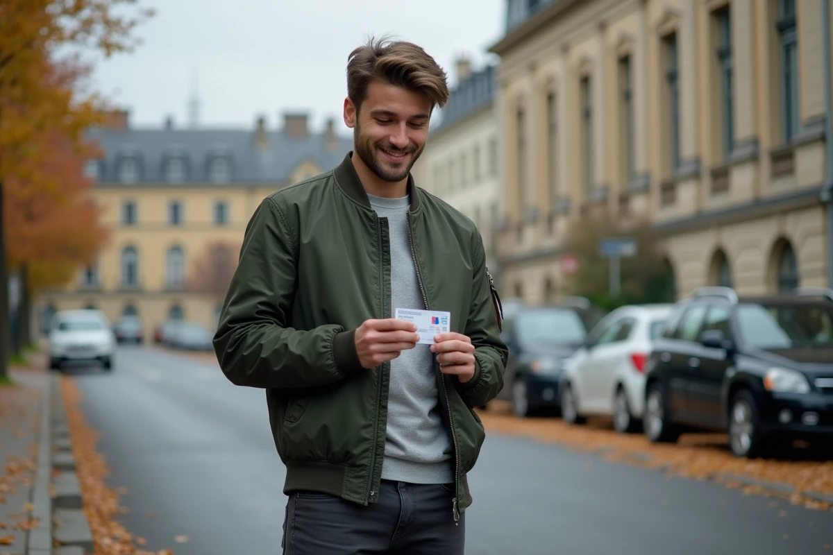 Jeune homme tenant son permis de conduire français récupéré après avoir repassé le code de la route avec succès