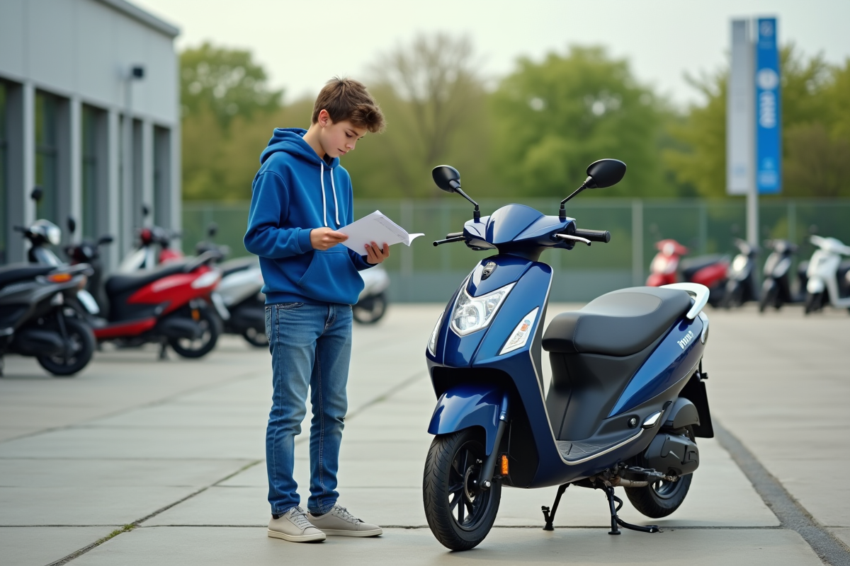 Jeune garçon inspectant un scooter 50cc chez le concessionnaire