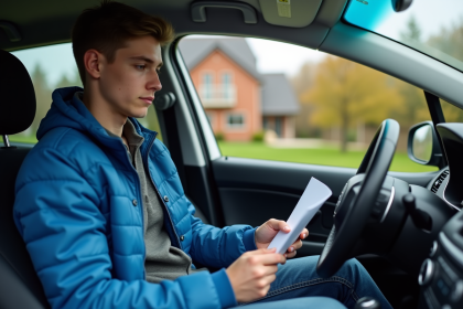 Jeune homme dans une voiture en train de lire des documents