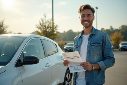 Jeune homme souriant avec voiture hybride écologique