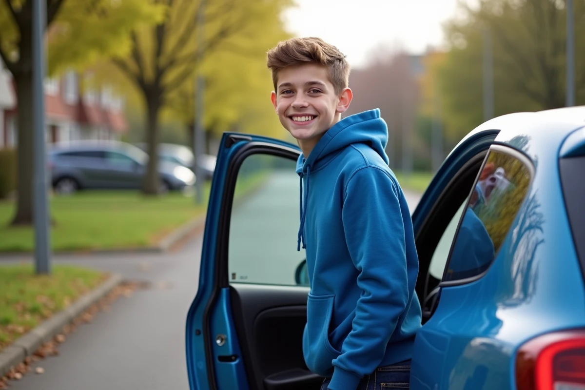 Jeune garçon souriant dans sa voiture moderne en banlieue