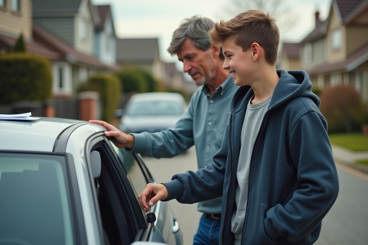 Jeune homme avec clés de voiture sur une rue calme