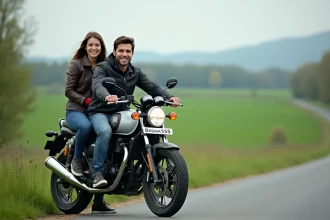 Jeune couple souriant sur une moto BENDA 125 en campagne