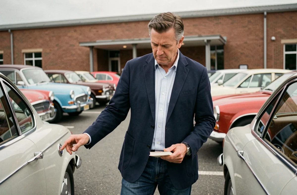 Journaliste automobile examinant le badge d'une voiture classique dans un parking de musée automobile