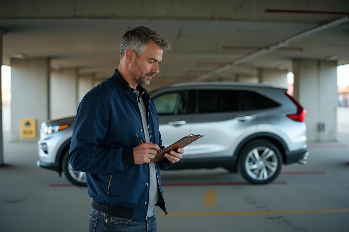 Journaliste automobile masculin prenant des notes devant un grand SUV argenté dans un parking souterrain urbain