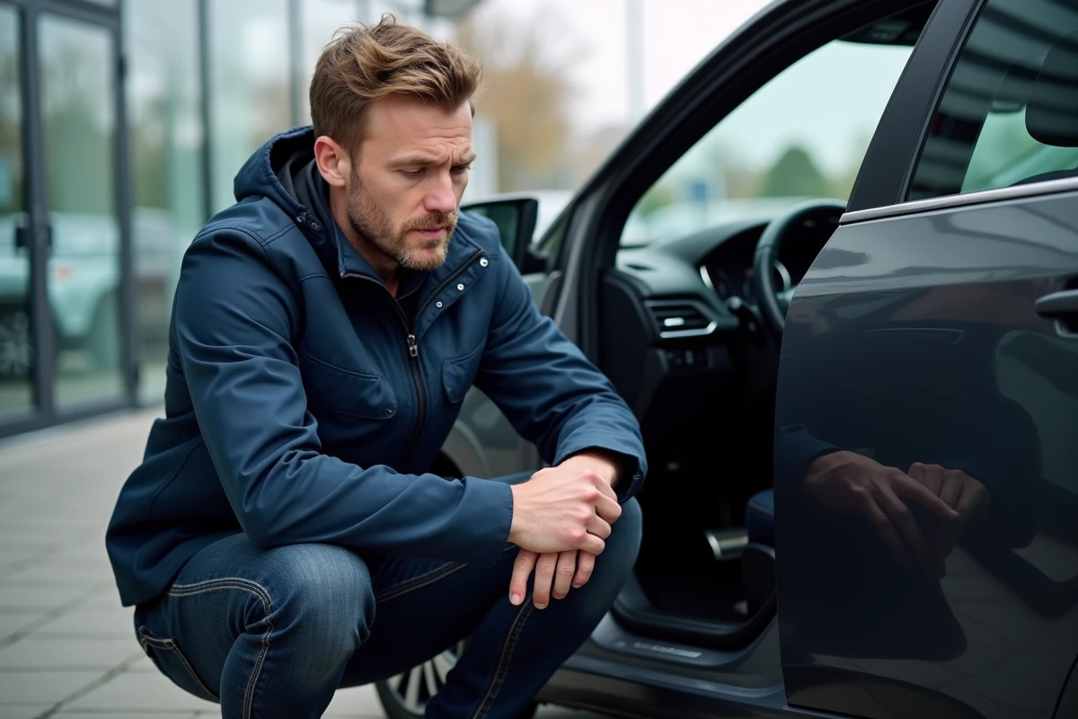 Journaliste automobile inspectant l'intérieur d'une Peugeot 2026 chez un concessionnaire pour en révéler les défauts