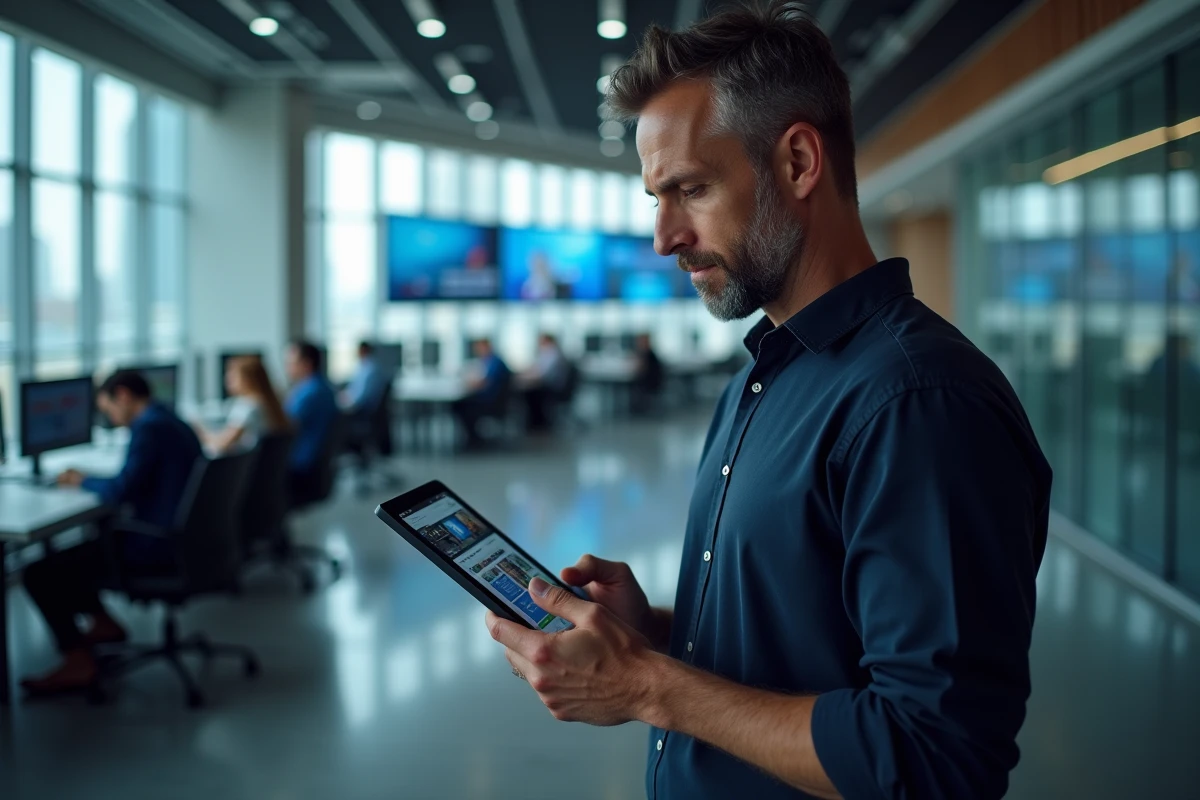 Journaliste en salle de rédaction consultant un tableau de bord de réseaux sociaux sur tablette pour suivre l'actualité en direct
