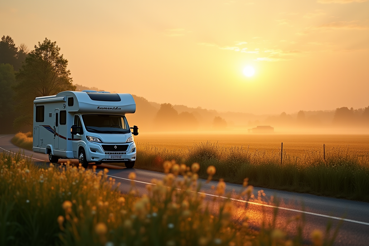 Motorhome au lever du soleil dans un paysage rural