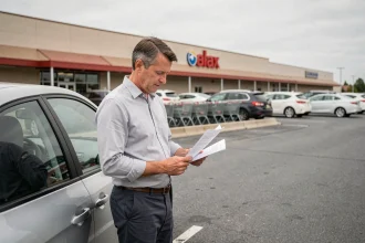 Homme consultant un contrat de location longue durée de voiture dans le parking d'un hypermarché Leclerc