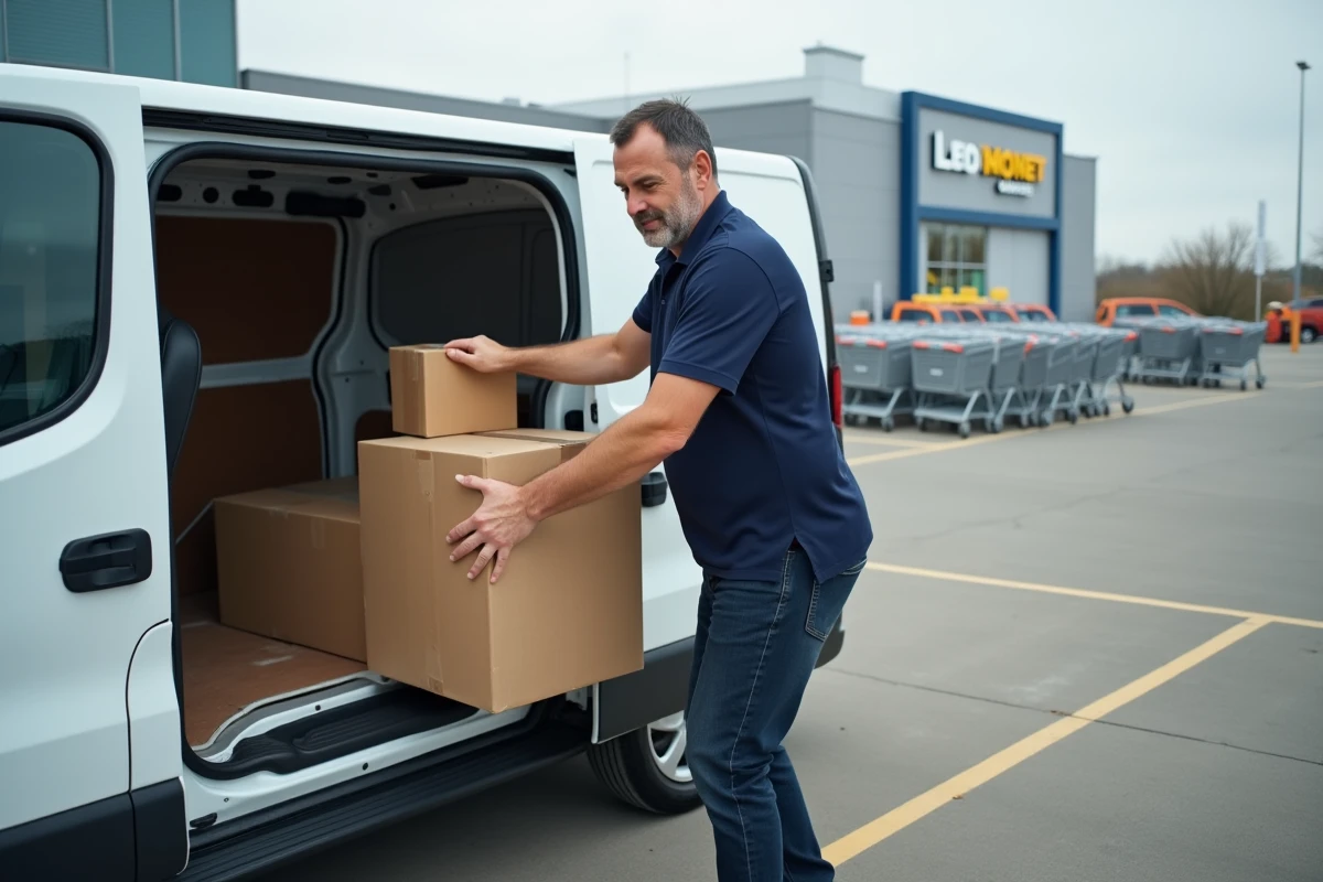 Homme chargeant des cartons dans un utilitaire blanc loué au parking d'un supermarché Super U