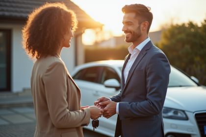 Jeune femme souriante remettant les clés à un homme devant une maison moderne