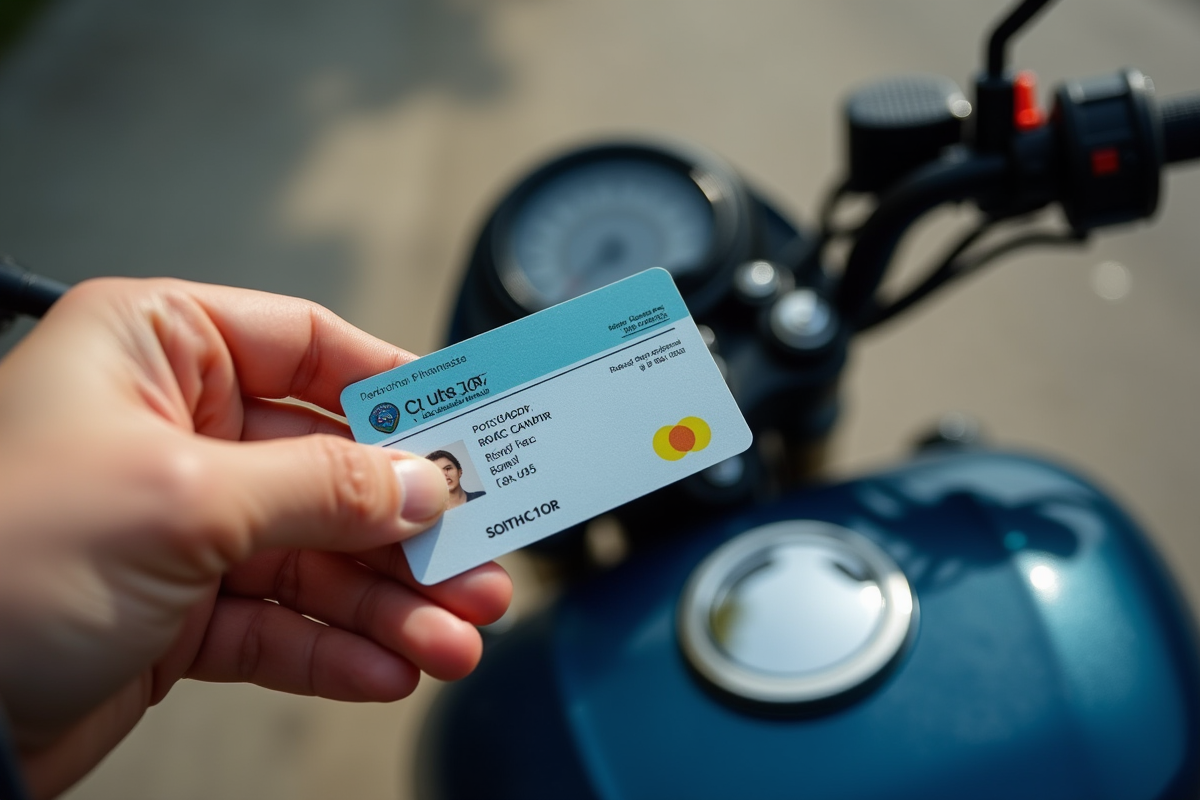 Main tenant un permis moto près du guidon d