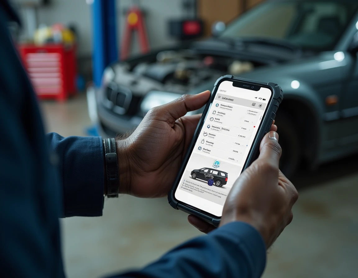 Mains de mécanicien tenant un smartphone avec une application de rapport d'inspection automobile numérique