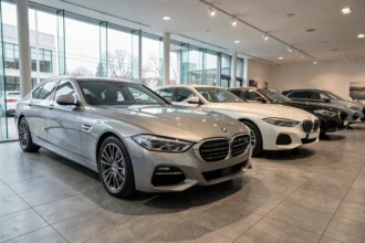 Rangée de voitures de marques commençant par E dans un showroom automobile moderne avec sol en béton poli
