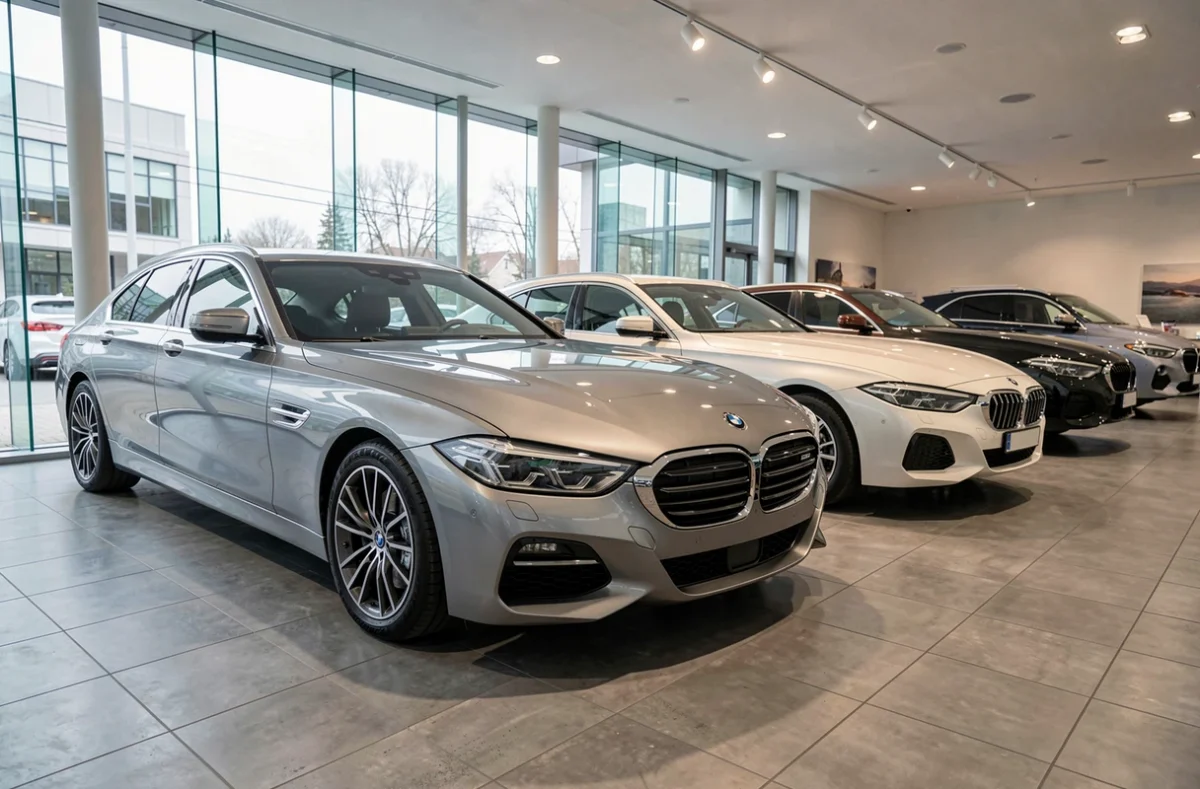 Rangée de voitures de marques commençant par E dans un showroom automobile moderne avec sol en béton poli
