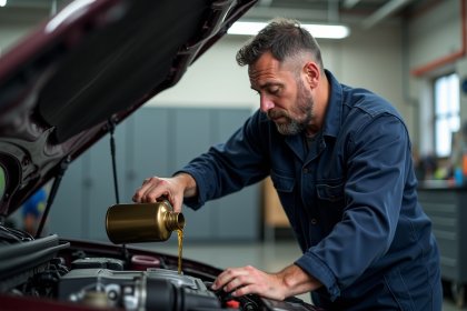 Mécanicien homme en combinaison verse de l'huile dans un moteur