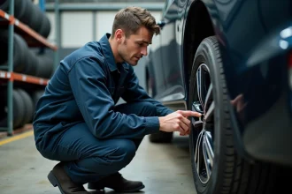 Mécanicien examinant les marquages sur le flanc d'un pneu dans un garage automobile pour calculer la bonne taille de pneu
